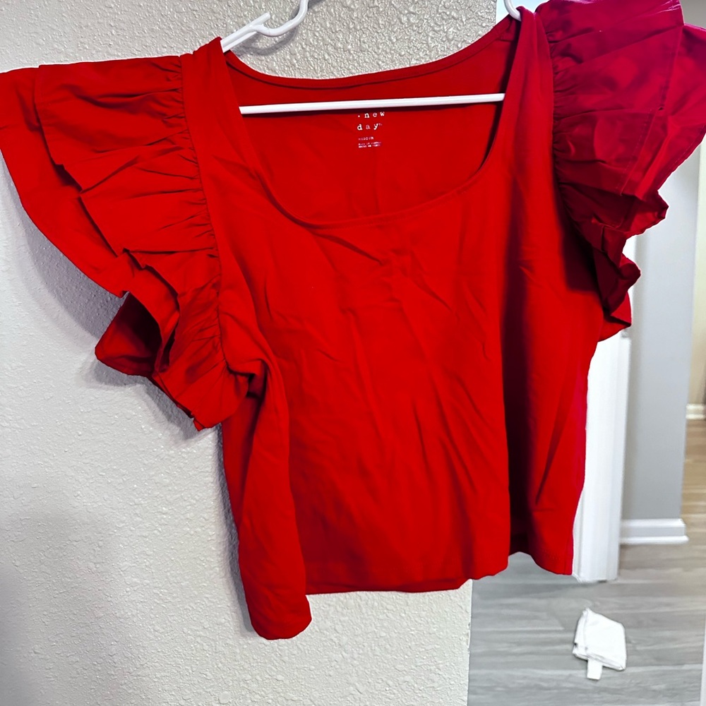 Red Ruffle Sleeve Scoop Neck Blouse